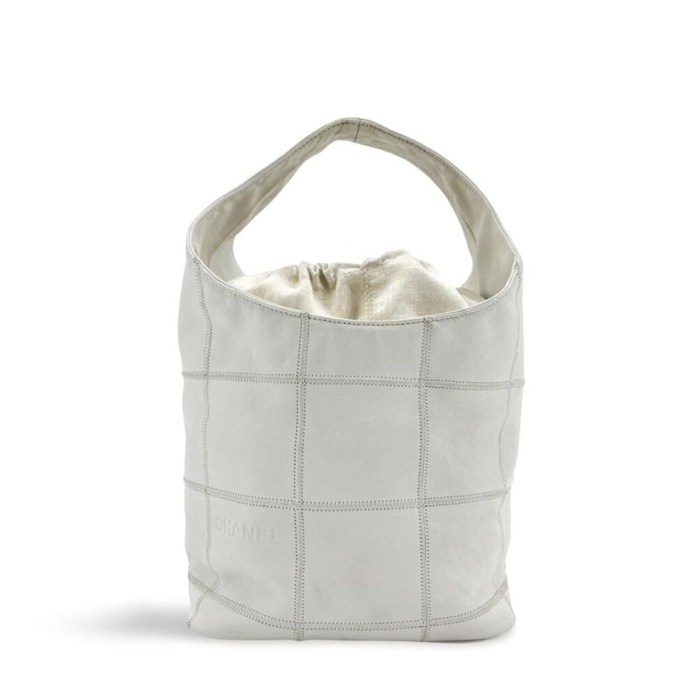Chanel Chocolate Bar White Leather Stitch Drawstring Tote Bag